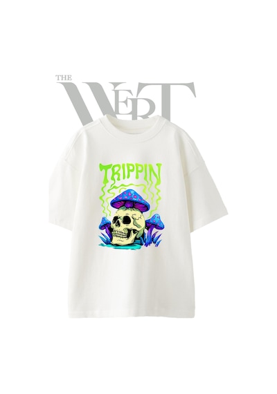 Thewert Psikedelik Kuru Kafa Tasarım Baskılı Ünisex Beyaz Oversize T-shirt