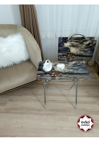Evko Mobilya Çanta Zigon Sehpa, 4'lü Sehpa, Zigon Sehpa, Servis Sehpası, Camlı Sehpa, Katlanır Sehpa Kız Kulesı Koyu Gri