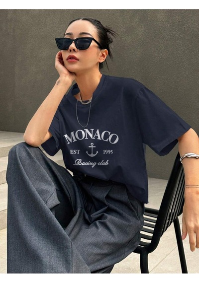 Uyguntarz Unisex Monaco Baskılı Tasarım Tshirt Lacivert