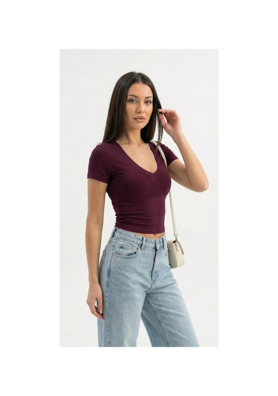 Dıanna Kadın Bordo V Yaka Basic T-shirt Günlük Esnek Kumaş Kısa Kollu T-shirt