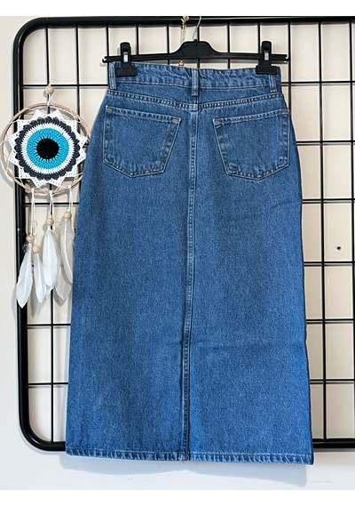 Dema Kadın Mavi Renk Yüksek Bel Pamuklu Bilek Boy Denim Etek