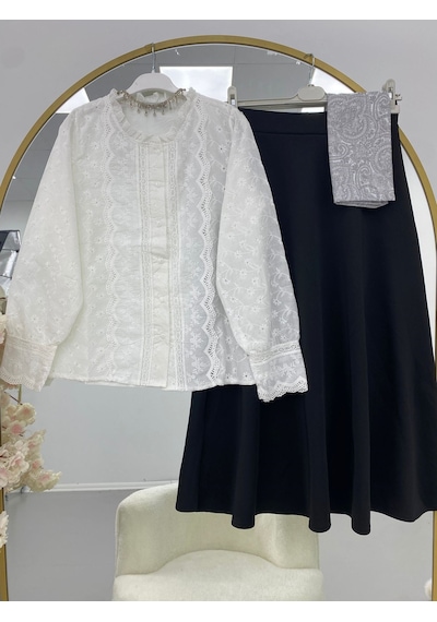 Lovie Moda Kadın Keten Gömlek Siyah Etek Takım - Beyaz Bej