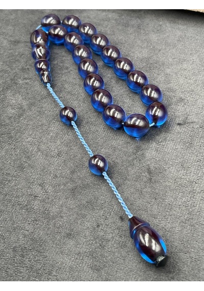 Efe Boy Sistemli İri Tane Safir Mavisi Ateş Kehribar Tesbih 13x15 Mm Mavi