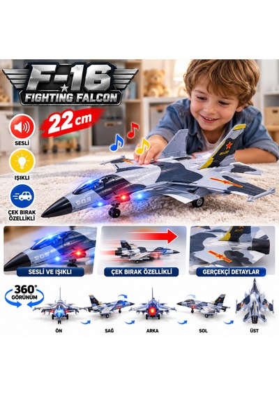 F-16 Fighting Falcon Gri Siyah Kamuflaj Desenli Sesli-ışıklı Çek-bırak Askeri Oyuncak Uçak 21 Cm