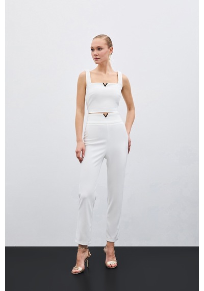 Sateen Bel Aksesuarlı Pantolon - Ekru-135480 Ekru