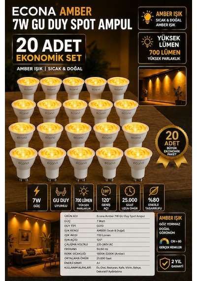 20 Adet 7w Gu10 Duy Led Spot Ampul 20li Paket - 700 Lümen Sıcak & Doğal Amber Işık, Gün Işığı Dekoratif Spot Aydınlatma Seti Uzun Ömürlü Kehribar Spot