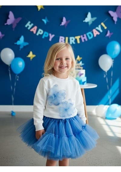 Zekids Kız Çocuk Pamuklu Mavi Çiçekli Sweatshirt-16554 Beyaz