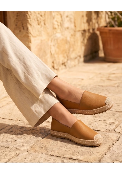 Futsishoes Lucıa Açık Taba Hakiki Deri Dikiş Detaylı Kadın Espadril