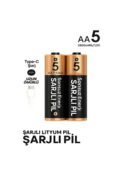Exenar - Siyah - Şarjlı Kalın Kalem Pil Aa Şarj Edilebilir Pil 1.5v 2800mwh Lityum-ion Kalın Pil Aa 5 Type-c Şarjlı