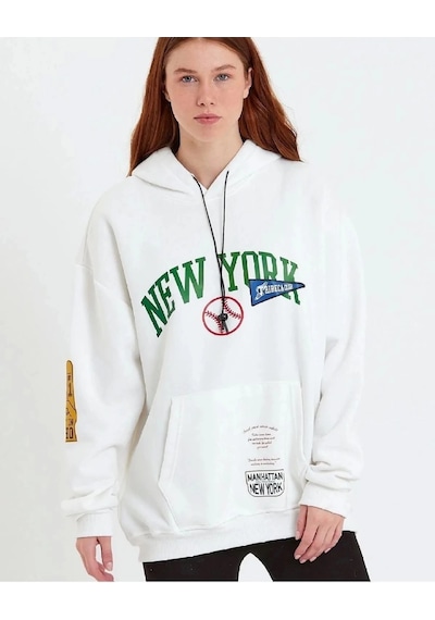 Genel Marka Baskılı Kapüşonlu Sweatshirt - Beyaz - Renkli