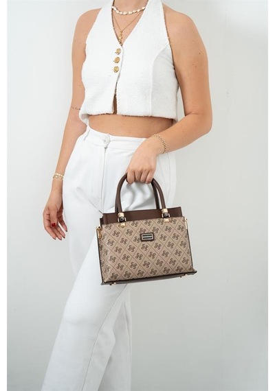 Silver Polo Sp826 Kadın El Çantası Monogram Koyubej-kahve