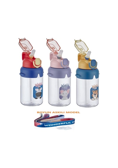 Boyun Askılı Kalın Pipetli Kilitli Kapak 650 Ml Okul Su Matarası 3 Renk Diğer