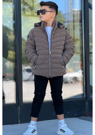 Pina Kids Erkek Çocuk Çıkarılabilir Kapüşonlu Sık Dikişli Nova Kumaş Kışlık Şişme Mont Km4016 Kahverengi