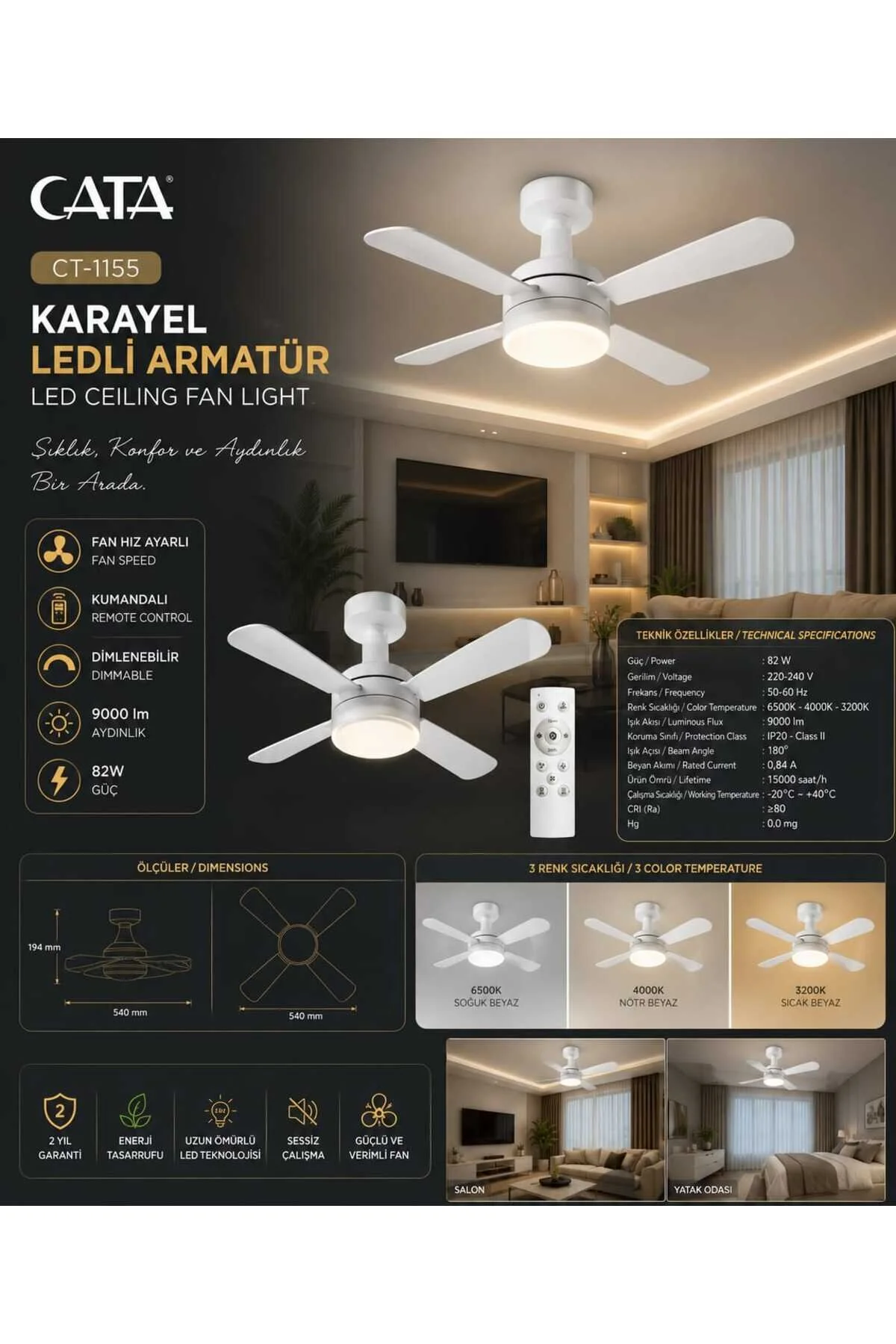 Modern Tasarımı, Güçlü Aydınlatması Ve Sessiz Çalışma Özelliği Karayel Ledli Tvan Vantilatörü