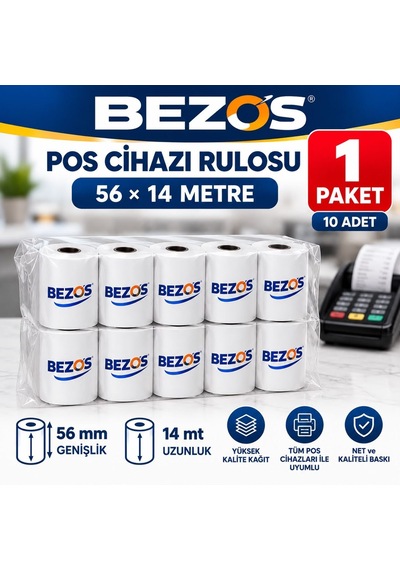 Termal Pos Cihazı Rulosu 56 Mm X 14 M - 10 Adet 1 Paket Yazar Kasa Slip Rulosu