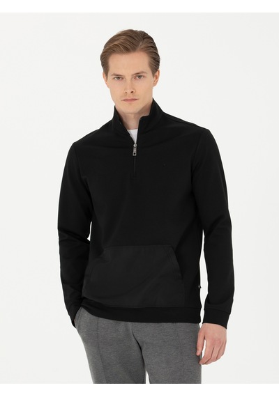 Siyah Regular Fit Yarım Fermuarlı Cepli Sweatshirt