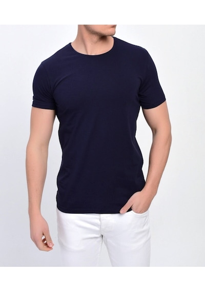 Nacar Store Erkek Lacivert Bisiklet Yaka Likralı Basic T-shirt