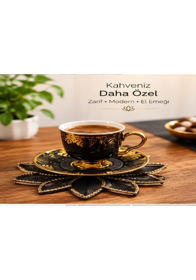 Kahve Sunum Pecetesi El Yapımı İnci Ve Gold Detaylı 15x15 Ölcü 6 Adet Siyah İnci