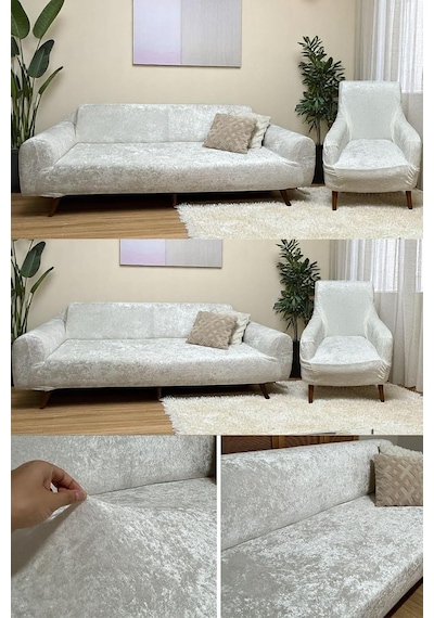 Bibaha Kadife Lastikli 3 3 1 1 Koltuk Örtüsü Takımı Kanepe Kılıfı Çekyat Örtüsü Kılıfı Krem 180 X 230 Diğer