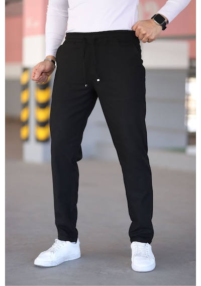 Bürke Erkek Siyah Renk Beli Lastikli Bağcıklı Esnek Fitted Jogger Pantolon Kumaş Pantolon