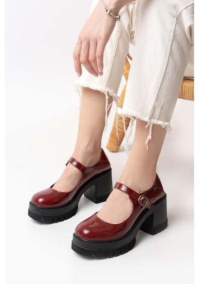 Asmi Shoes Kadın Tek Baletli Loafer Model Topuklu Ayakkabı Bordo Rugan Krem