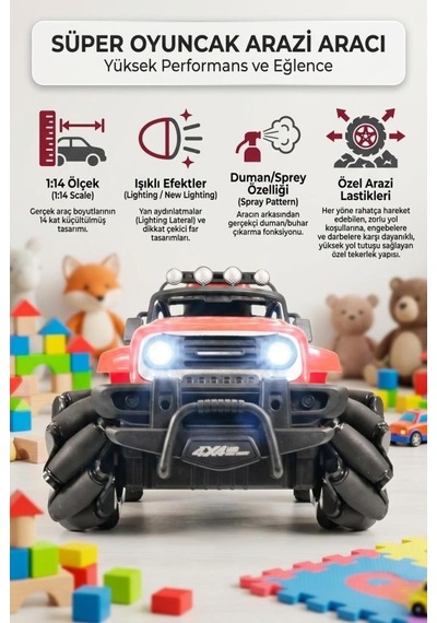Işıklı Ve Sesli Canavar Araba 1:14 Ölçekli Spreyli Uzaktan Kumandalı Oyuncak Araba - 4x4 Kırmızı