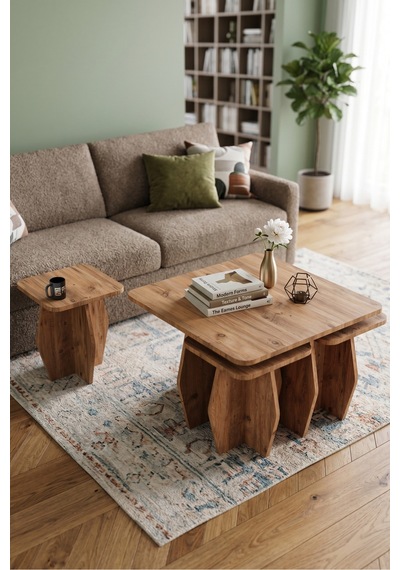 Vaveni Orta Sehpa Ve Zigon Sehpa 5'li Set Modern Çok Amaçlı Salon Oturma Odası Yan Sehpa 9248 Atlantik Çam Arz