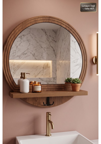 Antik Ahşap Desenli Dekoratif Ayna Raflı Askılıklı Banyo Oda Lavabo Wc Dresuar Koridor Konsol Mutfak Makyaj Aynası Yn-102 Atlantik Çam