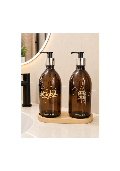 Buççin Online Mağaza Cam Sabunluk Seti 2'li Bambu Standlı 500 Ml - Galata & İstanbul Cam Kahverengi Çok Renkli