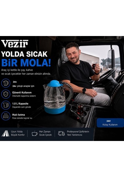 Vezir Vzr-10 Araç İçi Su Isıtıcı Otomatik Rezistanslı Kahve Makinesi Kettle 1 Lt 24 Volt