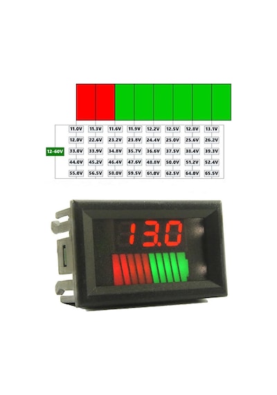 Akü Pil Kapasite Göstergesi Voltmetreli 70V-12V/24V/36V/48V/60V Pillerle Uyumlu  Kurşun Asit Batarya