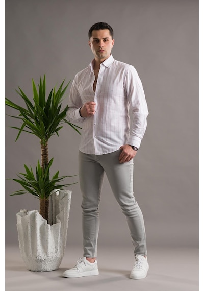 Evrytime Slimfit Pamuklu Çizgili Yaka Düğmeli Uzun Kol Erkek Yazlık Gömlek 001