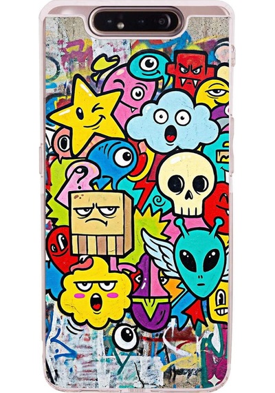 Samsung Galaxy A80 İle Uyumlu Grafiti Doodle Tasarımlı Şeffaf Silikon Kılıf Şeffaf