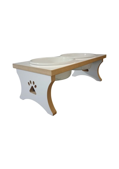 Köpek Su Ve Mama Kabı Standı - Büyük Irk - Beyaz Mdf - 2'li Model - Beyaz Seramik Kase - 2 1000ml