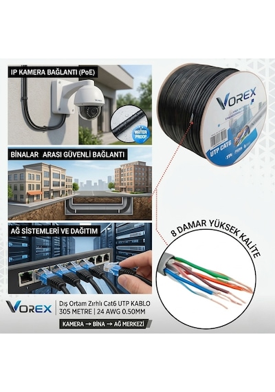 Vorex Cat6 Utp 305 Metre Zırhlı Dış Ortam Ethernet Ağ Kablosu - 24 Awg 0.50mm Outdoor Su Geçirmez Siyah