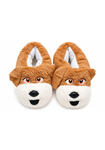 Modafocus Sevimli Köpek Figürlü Sessiz Kaydırmaz Taban Peluş Unisex Ev Pandufu Sevgili Kombin Terliği Kahverengi