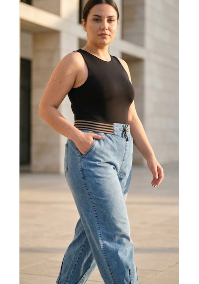 Zanessi Fashıon Büyük Beden Beli Lastikli Cepli Likralı Denim Mom Kesim Kadın Pantolon Taba Zanessi Fashıon Büyük Beden Beli Lastikli Cepli Likralı Denim Mom Kesim Kadın Pantolon Taba