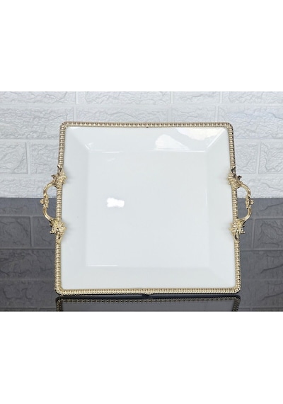 Porselen Büyük Sade Kare Servis Tabağı-sunumluk Döküm Gold Çerçeve Ve Ayaklı 27cm Beyaz