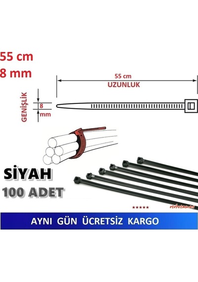 100 Adet 55Cm X 8Mm Plastik Kelepçe Kablo Bağı Siyah