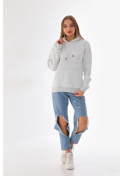 Everest Everst Kapüşonlu 3 İplik Şardonlu Cepli Sweatshirt Karmelanj Kar Melanj