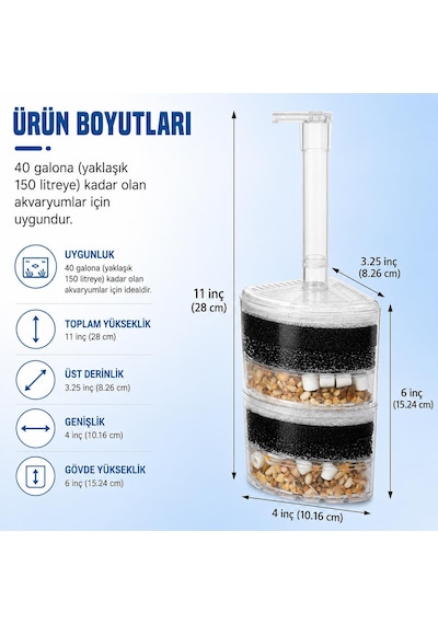 Valkyrie Köşe Akvaryum İç Filtresi 6 Katmanlı Biyolojik Süngerli Seramik Halkalı Sessiz Akvaryum Filtresi