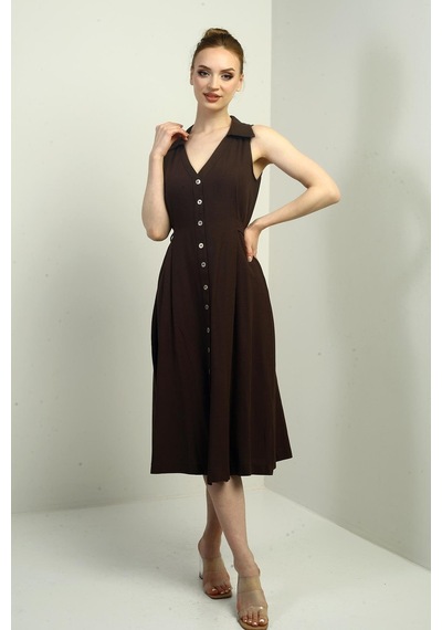 By Saygı Kadın Polo Yaka Ön Pile Düğme Detaylı Midi Keten Elbise-40634 Kahve