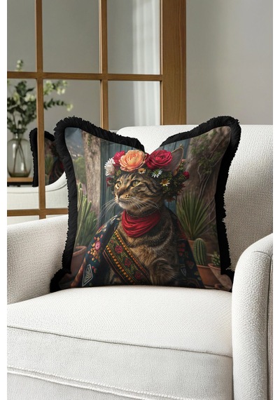 Çiçek Taçlı Sanatsal Kedi Saçaklı Yastık Kılıfı-etnik Bahçede Kedi Desenli Püsküllü Kırlent Kılıfı Açık Göl Toprak Çiçek Taçlı Sanatsal Kedi Saçaklı Yastık Kılıfı-etnik Bahçede Kedi Desenli Püsküllü Kırlent Kılıfı Açık Göl Toprak