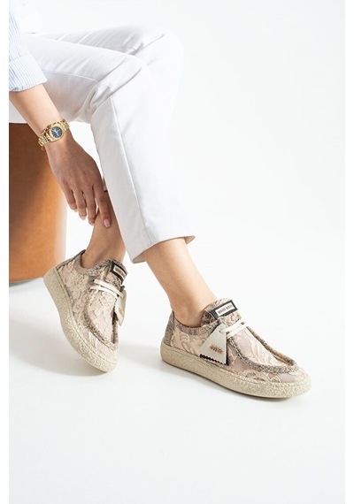 Dericia Shoes Rush Hakiki Deri Rahat Dantel Detaylı Tüllü Kadın Sneaker Bej
