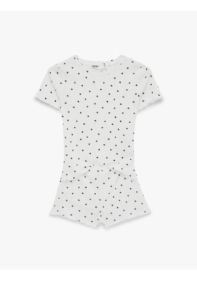 Koton Pamuklu Kısa Kollu Bisiklet Yaka Şortlu Pijama Takımı Beyaz Desenli 6slk40193mk