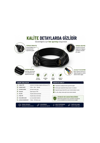 3x2.5mm Ttr Topraklı Siyah Kauçuk Seyyar Uzatma Kablosu 35 Metre