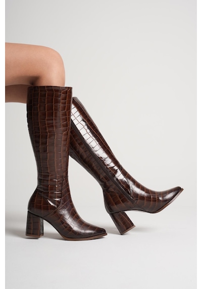 Analin Shoes Kadın Hakiki Deri Altın Toka Detaylı Şık Topuklu Çizme Kahve Kroko