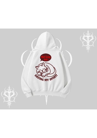 Startmore Not Lazy Saving My Spirit Kedi Baskılı Kapşonlu Sweatshirt Beyaz