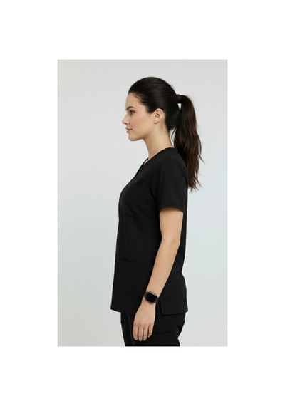 Tek Üst Siyah Unisex Doktor Ve Hemşire Forması Scrubs Likralı Yarasa Kol