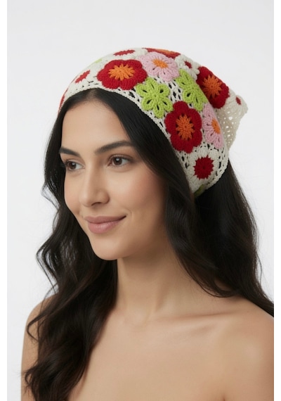 Yazlık Çiçek Desenli Üçgen Triko Bandana Kadın Ayarlanabilir Saç Aksesuarı Bej